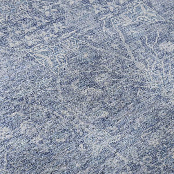 HomeRoots 8' Denim Blue & Beige Floral Round Rug - Washable, UV Protected, Durable for Homes with Kids & Pets 686021