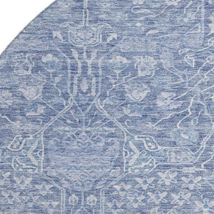HomeRoots 8' Denim Blue & Beige Floral Round Rug - Washable, UV Protected, Durable for Homes with Kids & Pets 686021