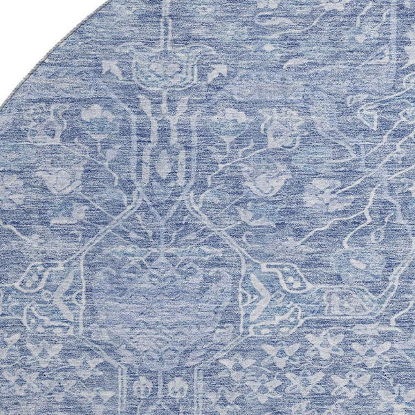 HomeRoots 8' Denim Blue & Beige Floral Round Rug - Washable, UV Protected, Durable for Homes with Kids & Pets 686021