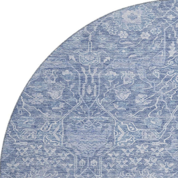 HomeRoots 8' Denim Blue & Beige Floral Round Rug - Washable, UV Protected, Durable for Homes with Kids & Pets 686021