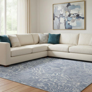HomeRoots 8' X 10' Denim Blue & Beige Floral Washable Area Rug - Durable, Stain-Resistant, UV Protected Design 686022