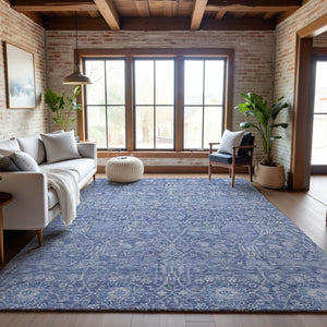 HomeRoots 10' Denim Blue & Beige Floral Area Rug – Washable, UV-Protected, Stain-Resistant Comfort for Homes 686024