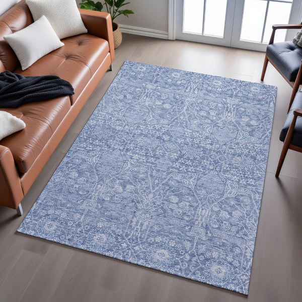 HomeRoots 10' Denim Blue & Beige Floral Area Rug – Washable, UV-Protected, Stain-Resistant Comfort for Homes 686024