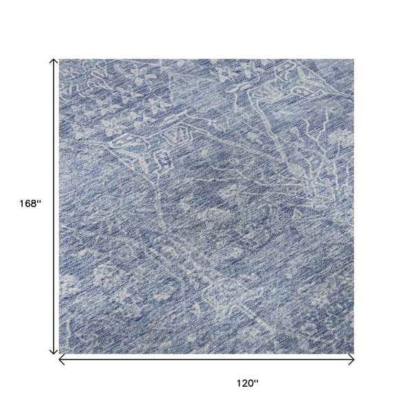 HomeRoots 10' Denim Blue & Beige Floral Area Rug – Washable, UV-Protected, Stain-Resistant Comfort for Homes 686024
