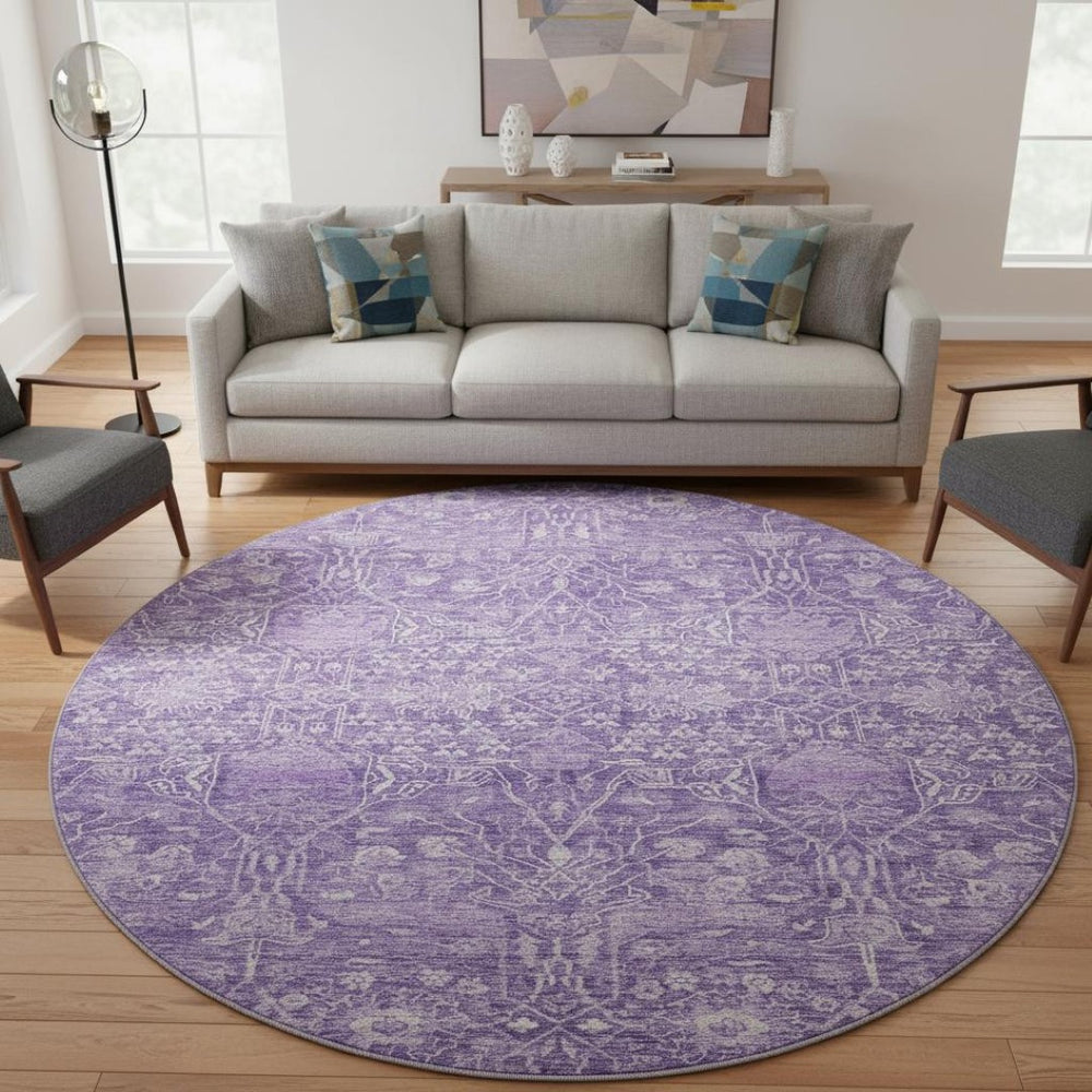 HomeRoots 8' Washable Round Rug in Plum & Beige Floral Design - UV Protected, Stain Resistant, Durable & Stylish 686027