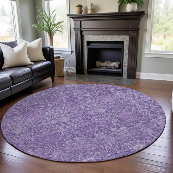 HomeRoots 8' Washable Round Rug in Plum & Beige Floral Design - UV Protected, Stain Resistant, Durable & Stylish 686027