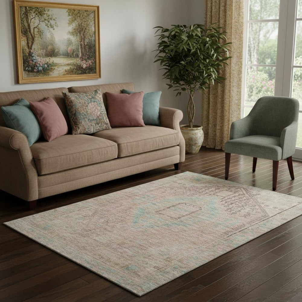 HomeRoots 5' X 8' Tribal Washable Area Rug in Pink, Beige & Teal – Durable, UV-Protected, Pet-Friendly Design! 686038