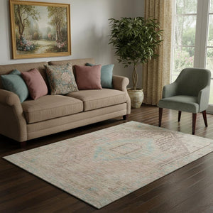 HomeRoots 5' X 8' Tribal Washable Area Rug in Pink, Beige & Teal – Durable, UV-Protected, Pet-Friendly Design! 686038