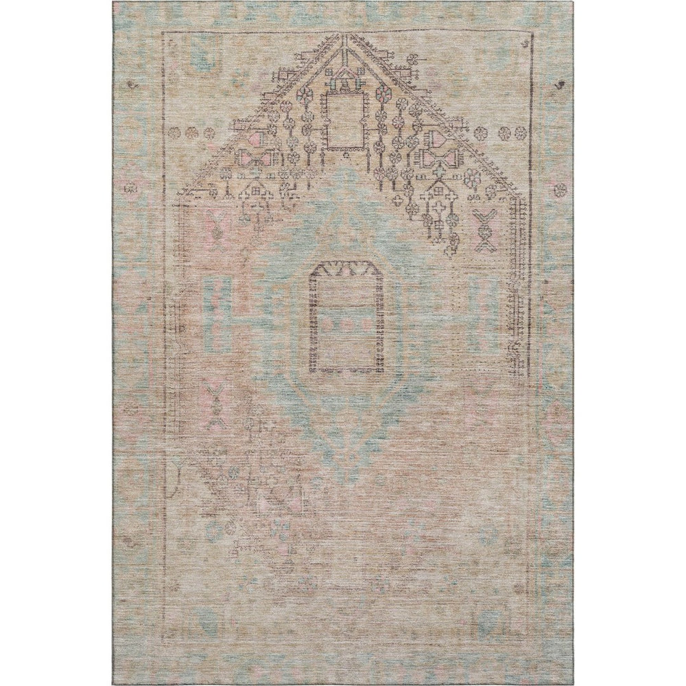 HomeRoots 5' X 8' Tribal Washable Area Rug in Pink, Beige & Teal – Durable, UV-Protected, Pet-Friendly Design! 686038