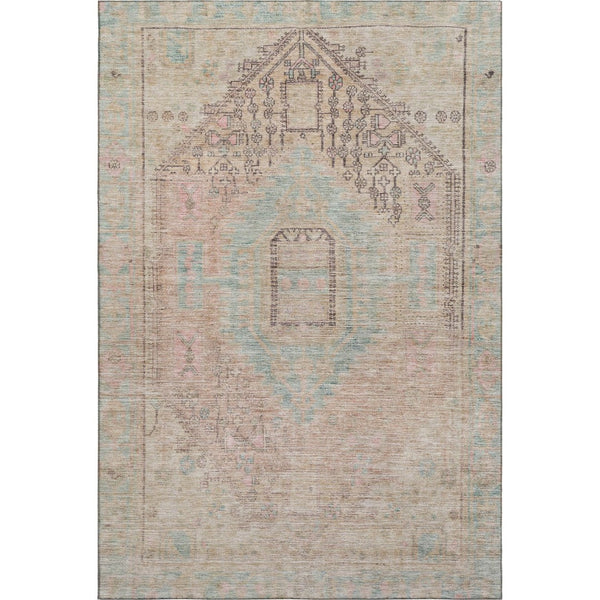 HomeRoots 5' X 8' Tribal Washable Area Rug in Pink, Beige & Teal – Durable, UV-Protected, Pet-Friendly Design! 686038
