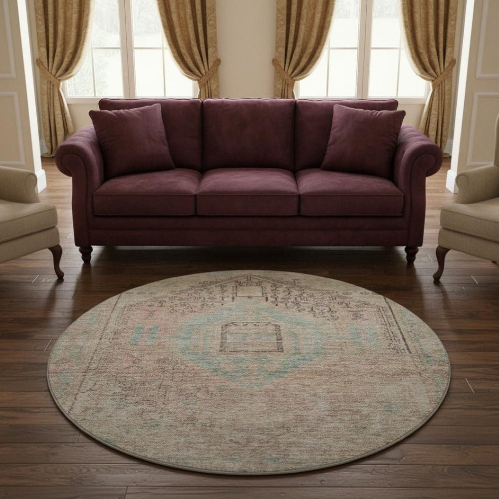 HomeRoots 8' Washable Tribal Round Rug in Pink, Beige & Teal – Durable, UV-Protected, Stain-Resistant Design! 686039