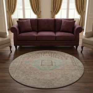 HomeRoots 8' Washable Tribal Round Rug in Pink, Beige & Teal – Durable, UV-Protected, Stain-Resistant Design! 686039