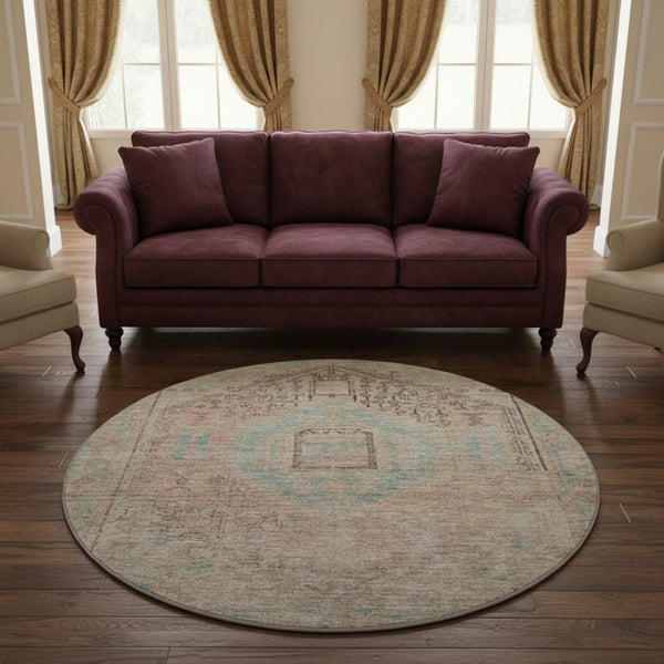 HomeRoots 8' Washable Tribal Round Rug in Pink, Beige & Teal – Durable, UV-Protected, Stain-Resistant Design! 686039