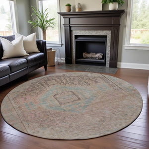 HomeRoots 8' Washable Tribal Round Rug in Pink, Beige & Teal – Durable, UV-Protected, Stain-Resistant Design! 686039