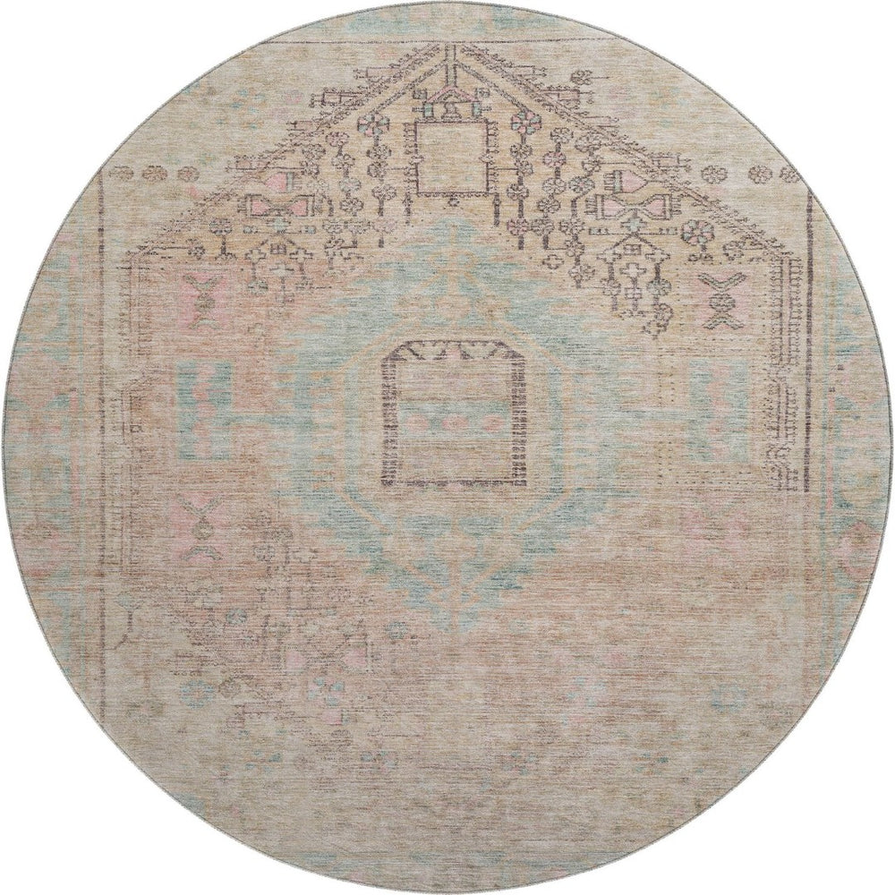 HomeRoots 8' Washable Tribal Round Rug in Pink, Beige & Teal – Durable, UV-Protected, Stain-Resistant Design! 686039