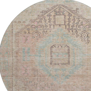 HomeRoots 8' Washable Tribal Round Rug in Pink, Beige & Teal – Durable, UV-Protected, Stain-Resistant Design! 686039