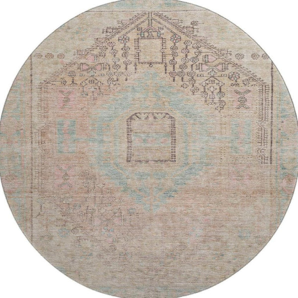 HomeRoots 8' Washable Tribal Round Rug in Pink, Beige & Teal – Durable, UV-Protected, Stain-Resistant Design! 686039