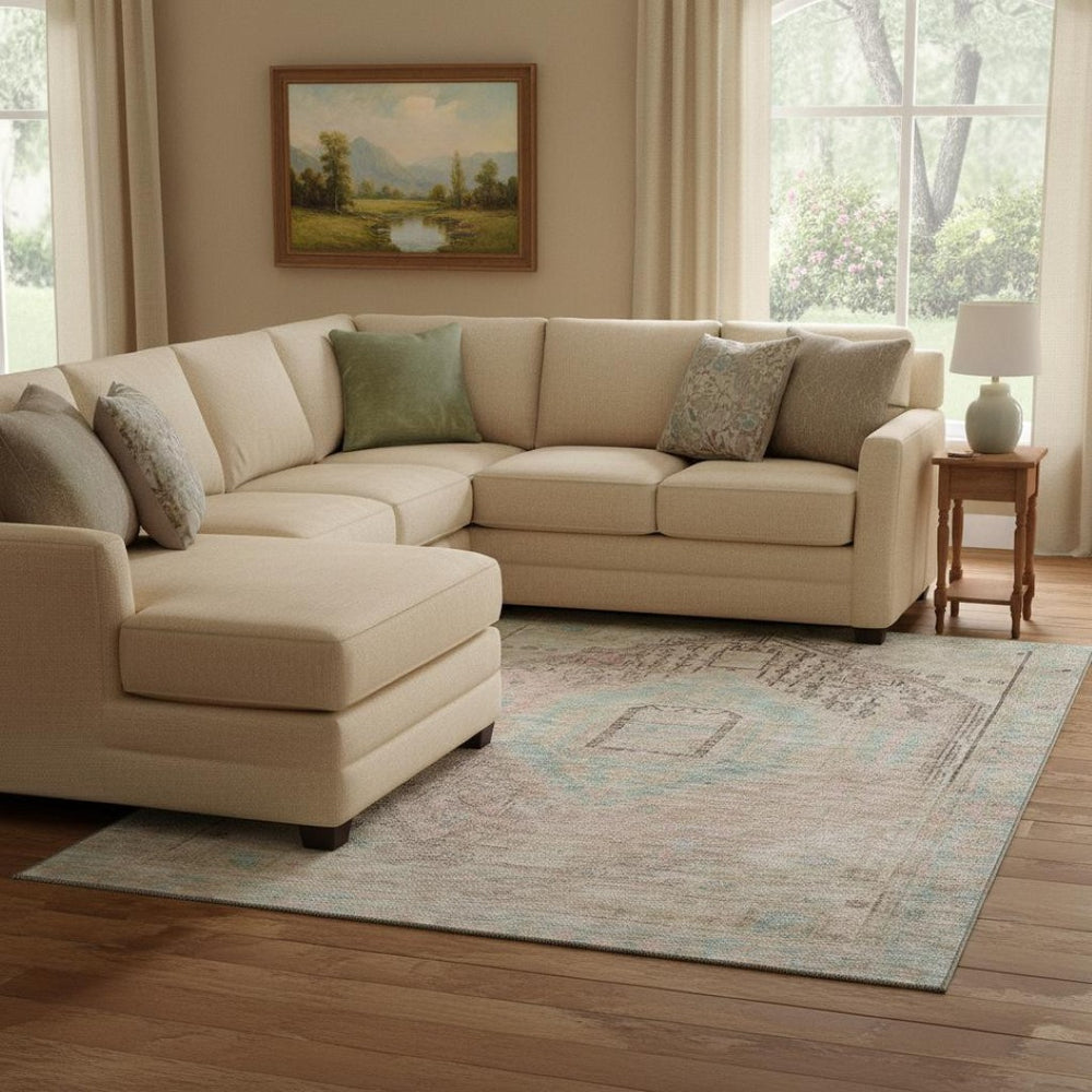 HomeRoots 8' X 10' Washable Tribal Area Rug in Pink, Beige & Teal – Durable, UV-Protected, Stylish & Stain-Resistant 686040
