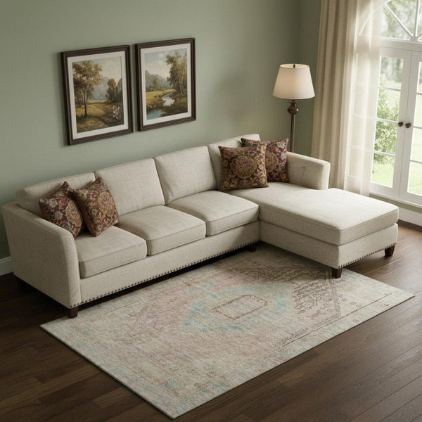 HomeRoots 9' Tribal Washable Area Rug in Pink, Beige & Teal - Durable, UV-Protected, Soft, and Stylish! 686041