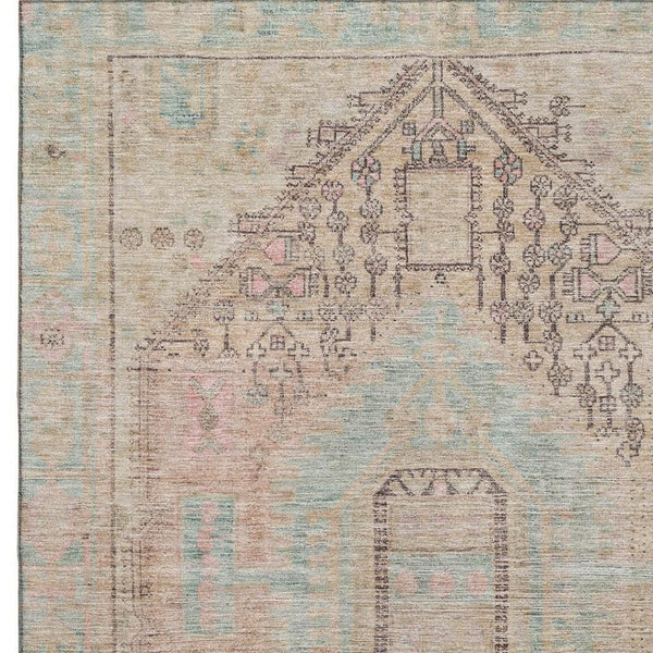 HomeRoots 9' Tribal Washable Area Rug in Pink, Beige & Teal - Durable, UV-Protected, Soft, and Stylish! 686041