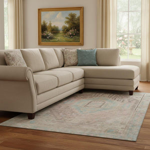 HomeRoots 10' Pink Beige and Teal Tribal Washable Area Rug - UV Protected, Stain Resistant, Perfect for Homes! 686042