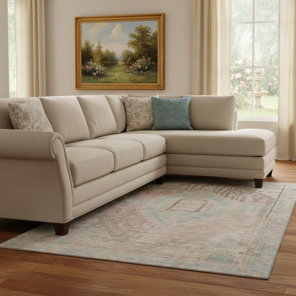 HomeRoots 10' Pink Beige and Teal Tribal Washable Area Rug - UV Protected, Stain Resistant, Perfect for Homes! 686042