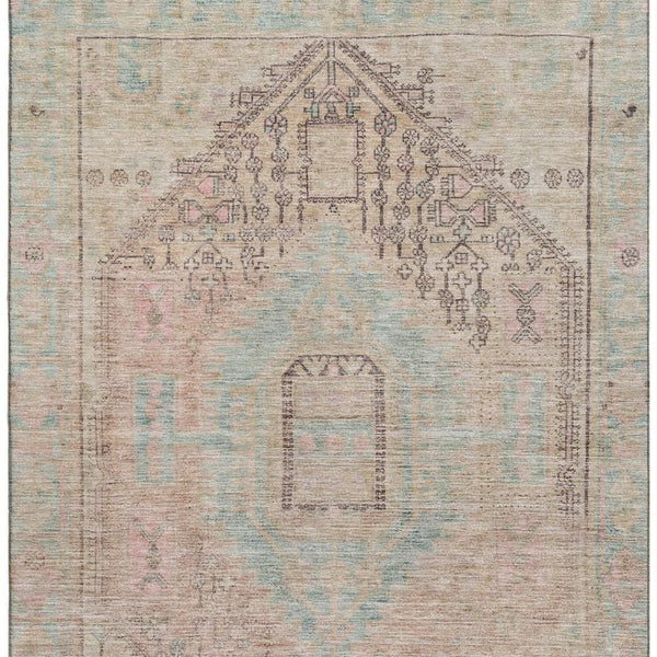 HomeRoots 10' Pink Beige and Teal Tribal Washable Area Rug - UV Protected, Stain Resistant, Perfect for Homes! 686042