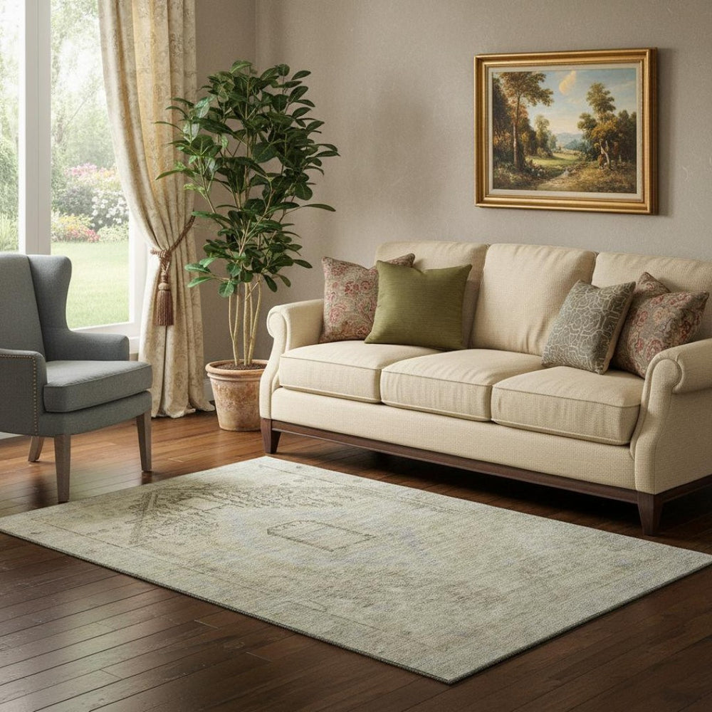 HomeRoots 5' X 8' Taupe Beige and Gray Tribal Area Rug - Washable, UV-Protected, Stylish, and Durable Design 686044