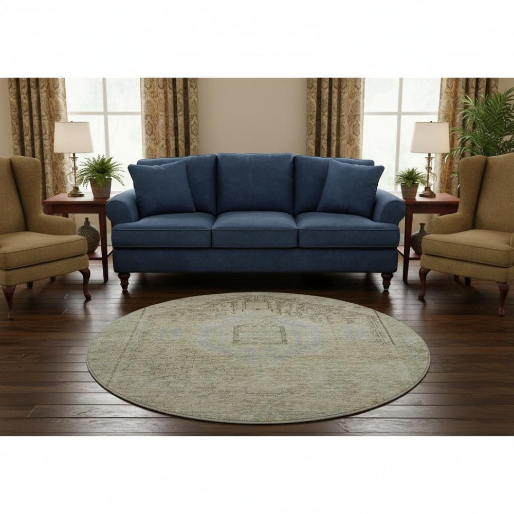HomeRoots 8' Versatile Taupe Beige & Gray Tribal Washable Round Rug with UV Protection for Family Spaces 686045