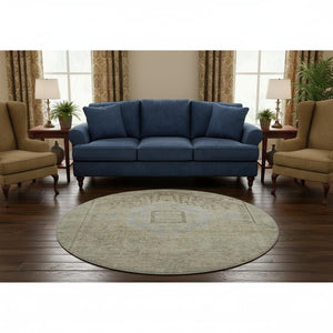 HomeRoots 8' Versatile Taupe Beige & Gray Tribal Washable Round Rug with UV Protection for Family Spaces 686045