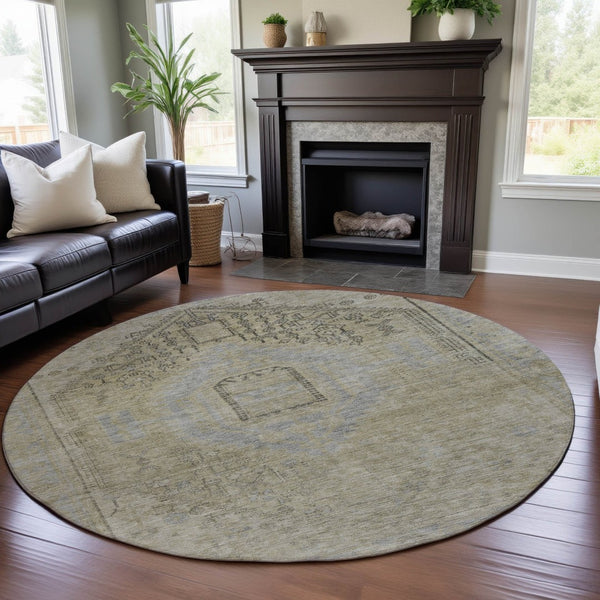 HomeRoots 8' Versatile Taupe Beige & Gray Tribal Washable Round Rug with UV Protection for Family Spaces 686045