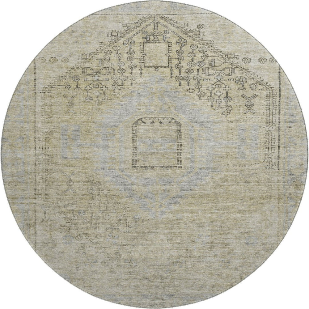 HomeRoots 8' Versatile Taupe Beige & Gray Tribal Washable Round Rug with UV Protection for Family Spaces 686045