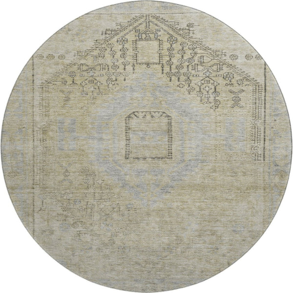 HomeRoots 8' Versatile Taupe Beige & Gray Tribal Washable Round Rug with UV Protection for Family Spaces 686045
