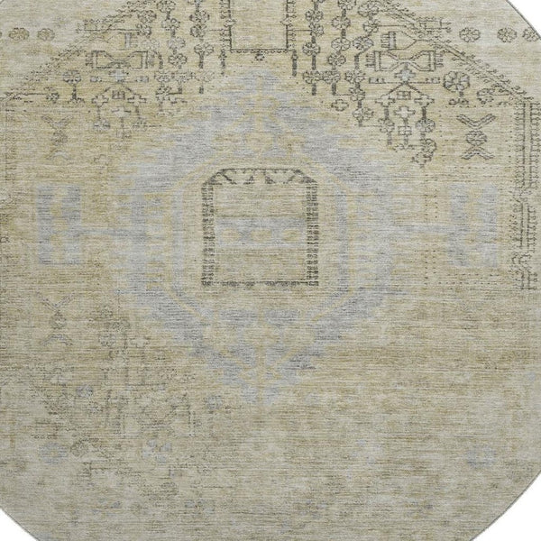 HomeRoots 8' Versatile Taupe Beige & Gray Tribal Washable Round Rug with UV Protection for Family Spaces 686045
