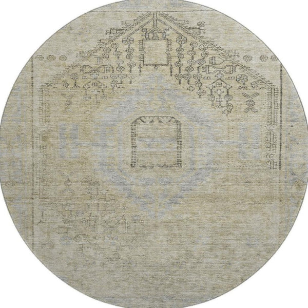 HomeRoots 8' Versatile Taupe Beige & Gray Tribal Washable Round Rug with UV Protection for Family Spaces 686045