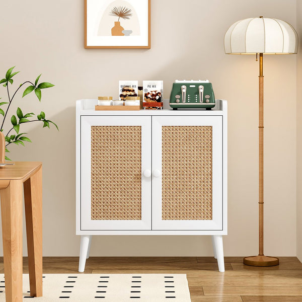 English Elm Sideboard Rattan Door Buffet Cabinet with Baffle Edge, Spacious Storage Credenza for Dining Hallway White T3623P381054