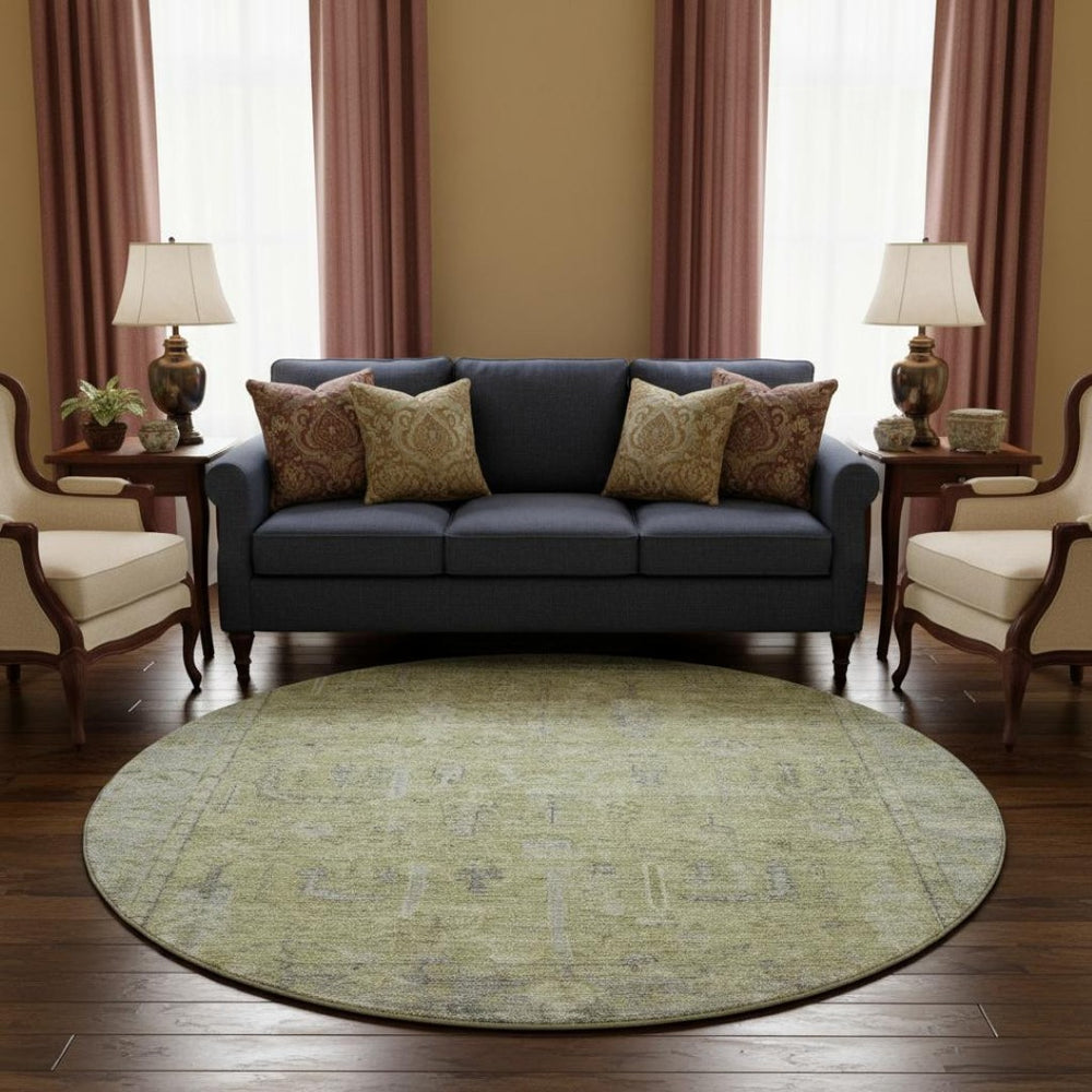 HomeRoots 8' Artichoke Green & Gray Oriental Round Rug - Washable, UV Protected, Stain Resistant for Homes 686051
