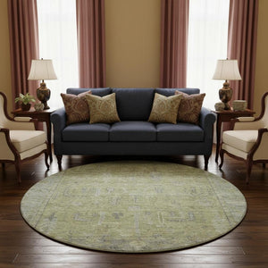 HomeRoots 8' Artichoke Green & Gray Oriental Round Rug - Washable, UV Protected, Stain Resistant for Homes 686051