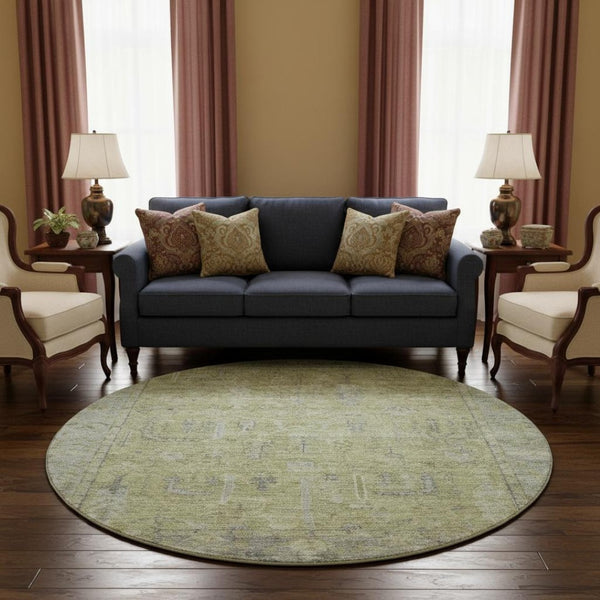 HomeRoots 8' Artichoke Green & Gray Oriental Round Rug - Washable, UV Protected, Stain Resistant for Homes 686051