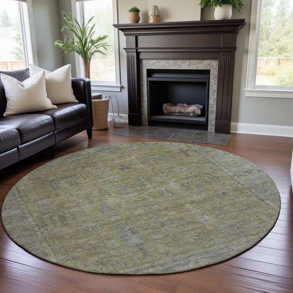 HomeRoots 8' Artichoke Green & Gray Oriental Round Rug - Washable, UV Protected, Stain Resistant for Homes 686051