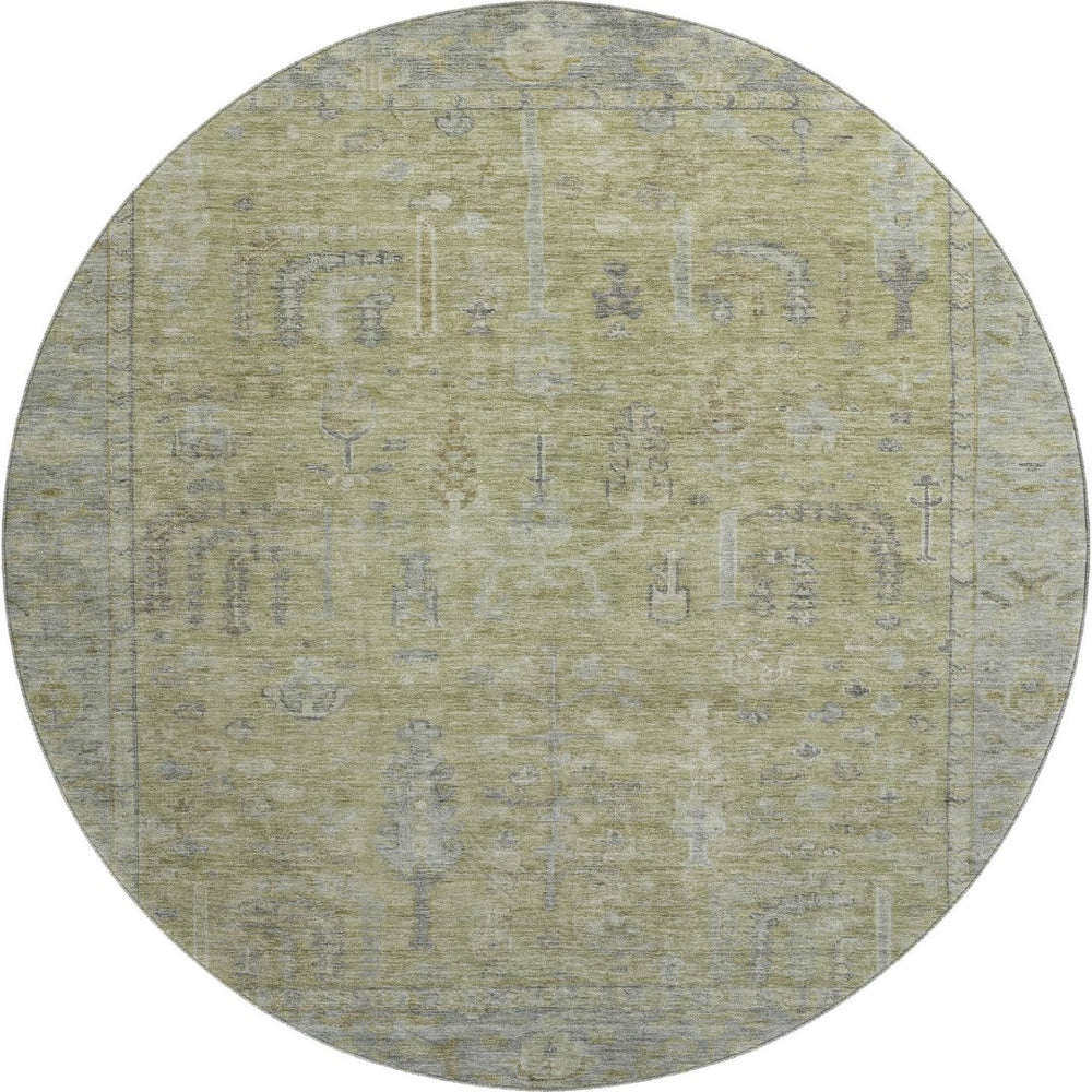 HomeRoots 8' Artichoke Green & Gray Oriental Round Rug - Washable, UV Protected, Stain Resistant for Homes 686051
