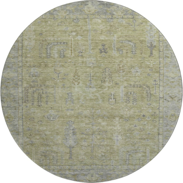 HomeRoots 8' Artichoke Green & Gray Oriental Round Rug - Washable, UV Protected, Stain Resistant for Homes 686051