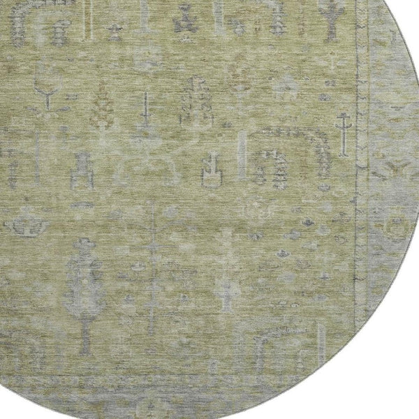 HomeRoots 8' Artichoke Green & Gray Oriental Round Rug - Washable, UV Protected, Stain Resistant for Homes 686051