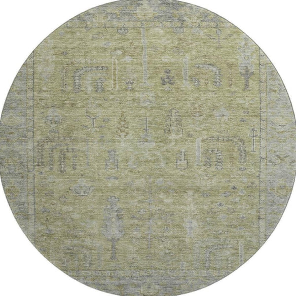HomeRoots 8' Artichoke Green & Gray Oriental Round Rug - Washable, UV Protected, Stain Resistant for Homes 686051