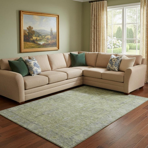 HomeRoots 8' X 10' Artichoke Green & Gray Oriental Washable Area Rug – UV Protected, Stain-Resistant Luxury! 686052