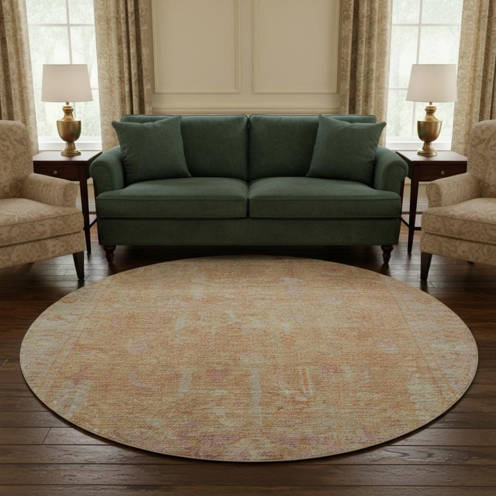 HomeRoots 8' Coral and Beige Oriental Round Rug – Washable, UV-Protected, Stain-Resistant for Everyday Elegance 686057