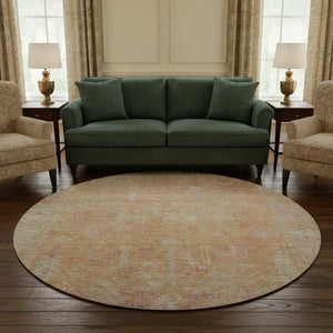 HomeRoots 8' Coral and Beige Oriental Round Rug – Washable, UV-Protected, Stain-Resistant for Everyday Elegance 686057