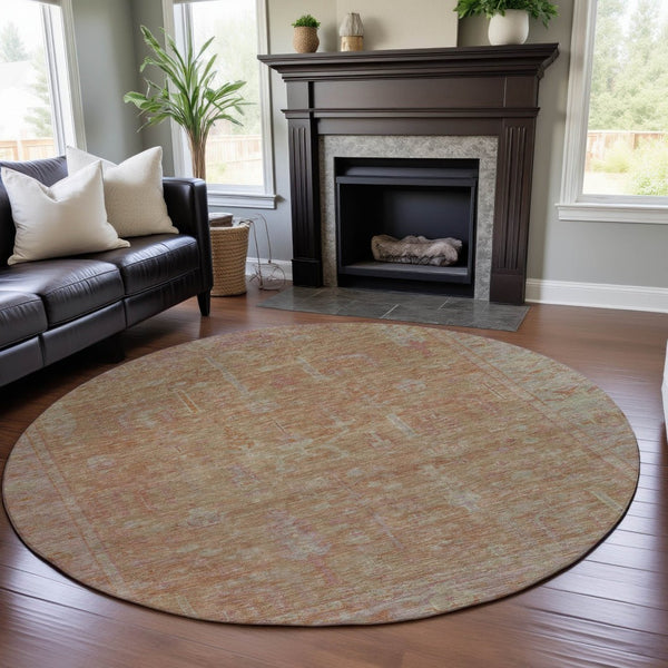 HomeRoots 8' Coral and Beige Oriental Round Rug – Washable, UV-Protected, Stain-Resistant for Everyday Elegance 686057