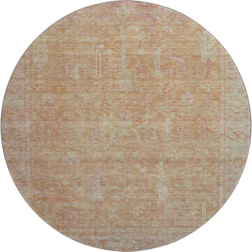 HomeRoots 8' Coral and Beige Oriental Round Rug – Washable, UV-Protected, Stain-Resistant for Everyday Elegance 686057