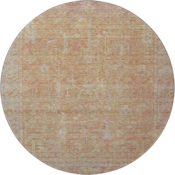 HomeRoots 8' Coral and Beige Oriental Round Rug – Washable, UV-Protected, Stain-Resistant for Everyday Elegance 686057